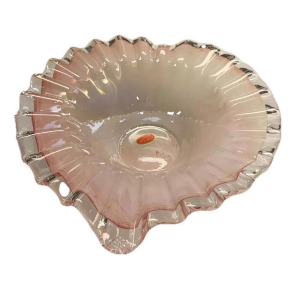 🌼Beautiful Lavorazione Italy ‘Ruffled’ Pink Heart Art Glass Murano Glass Bowl